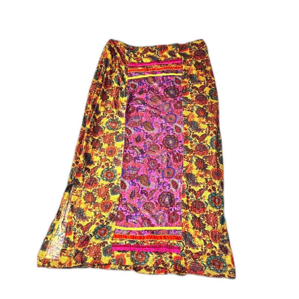 Vintage F.L. Malik Vibrant Patchwork Paisley Maxi Skirt, Velvet Ruffles, Sz. 10